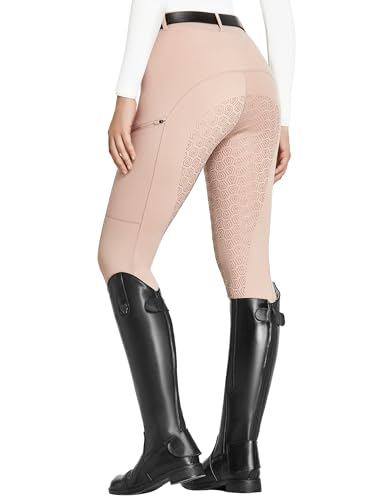 FitsT4 Sports Reitleggings Damen Reithose Silikon vollbesatz mit Handytasche und Gürtelschlaufen für Reitsport Pferdetraining,Nebelpink,M