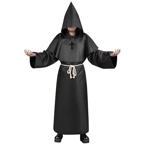Aomig Mönch Robe Kostüm Herren 4PC Mittelalter Robe Kostüm mit Kapuze und Kreuz Mönchskutte Mönch Prister Gewand Mönchsrobe Priester Robe Cosplay für Halloween Karneval Cosplay Mottoparty M,Schwarz