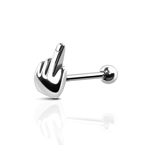 BlackAmazement 316L Edelstahl Zungenpiercing Barbell gestreckter Mittelfinger gehobener Finger Silber Biker Punk Damen Herren