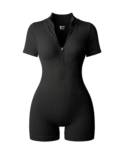 OQQ Short Jumpsuits für Damen 1er Pack Lässige Reißverschluss Front Kurzarm Shorts Bodycon Jumpsuits Overalls für Frauen Schwarz