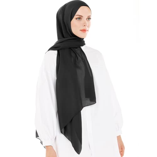 Kopftuch Damen Hijab - Schwarz Chiffon Hijab Kopftuch Für Damen - Moderne Muslimisch Chiffon Hidzab Tuch Schal Kopftucher - Seidenweiche Tush Schal Für Frauen - Schwarz