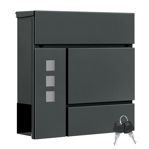 WOLTU XXL Briefkasten, Postkasten mit Zeitungsfach Sichtfenstern Klappdeckel, 10,5 x 37 x 37 cm, Wandbriefkasten abschließbar, mit 2 Schlüsseln, Modern, Anthrazit BK005an