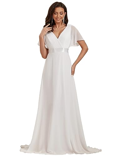 Ever-Pretty Damen Abendkleid Frau A-Linie Chiffon Brautjungfernkleid V Ausschnitt Hochzeit Weiß 46
