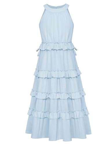GRACE KARIN Mädchen Kleid 134 Kinder Blau Sommer Festlich Prinzessin Einschulung Kleider 140 Kommunionkleid Baumwolle Rundhals