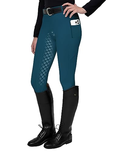 FitsT4 Sports Damen Reitleggings Silikon Vollbesatz Reithose mit Handytasche und Gürtelschlaufen,Navy Blau,Gr.M