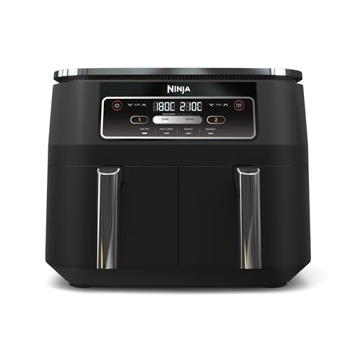 Ninja Foodi Dual Zone Airfryer Heißluftfritteuse, 2 Fächer, 7,6 l, 4-in-1, ohne Öl, Heißluftfrittieren, Max Crisp, Braten, Aufwärmen, antihaft, spülmaschinenfester Korb & Knusperblech, Schwarz AF200EU