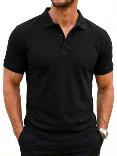 Runcati Herren Poloshirts Kurzarm Sommer T-Shirt Männer Einfarbig Golf Sport Baumwolle Poloshirts Basic Regular Fit Polohemd Schwarz L