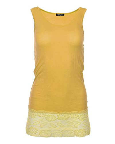 Easy Young Fashion - Damen Trägertop mit Spitzensaum - langes Unterziehshirt Skinny Fit 0518 (Maisgelb M/L)