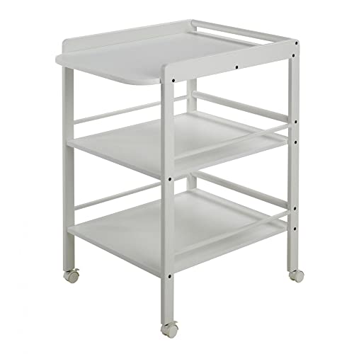 Geuther 4842 Wickelregal Clarissa Breite: 56 cm Wickeltisch 4 Feststellrollen mit Zwei Ablageflächen aus massivem Buchenholz schadstofffrei in 3 Weiß