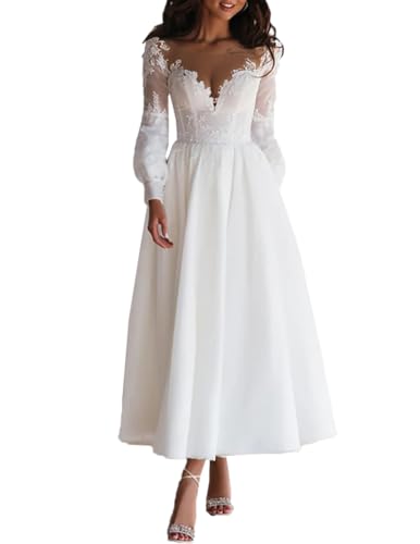 Beyonddress Frauen Spitze Brautkleider für Braut Teelänge Hochzeitskleider mit Ärmel Applique Tüll Brautkleider Langarm Brautmode,Elfenbein 02,DE40