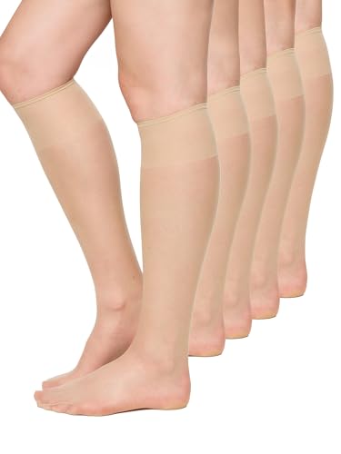 Nur Die 5er Pack Knie Seidenfein 15 DEN transparente Nylon Fein-Kniestrümpfe seidig glänzend breiter Komfortbund Damen, amber, one size
