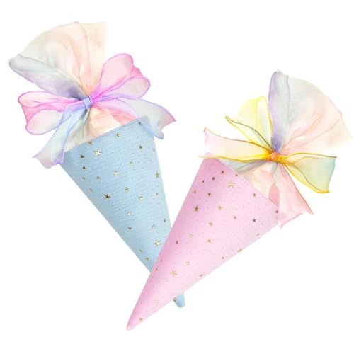 AKONE 2 Stück Geschwister Schultüte für Jungen Mädchen, Einschulung Süßigkeitentüten mit Schleife, Schule Geschenktüten in Eistütenform, Kleine Schultüten zum Befüllen, Kleine Zuckertüte