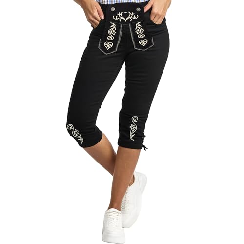 STEIGENHÖFER Trachtenjeans - Ida – Stretch Kniebund 3/4 Capri Hose im Lederhosen-Look – Trachten Jeans Kurze Hose Damen fürs Oktoberfest - Tracht Lederhose Damenjeans - Schwarz - 42