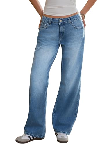 Fisoew Damen Jeans Baggy Weites Bein Mittlere Taille Jeanshose Straight Loose Fit Denim Hose,Navy, 38