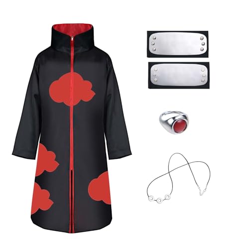 ACWOO Akatsuki Mantel für Kinder Erwachsener, Unisex Cosplay Anime Kostüm Itachi Mantel Cosplay Halloween Weihnachten Party Kostüm Umhang, mit Stirnband und Ring