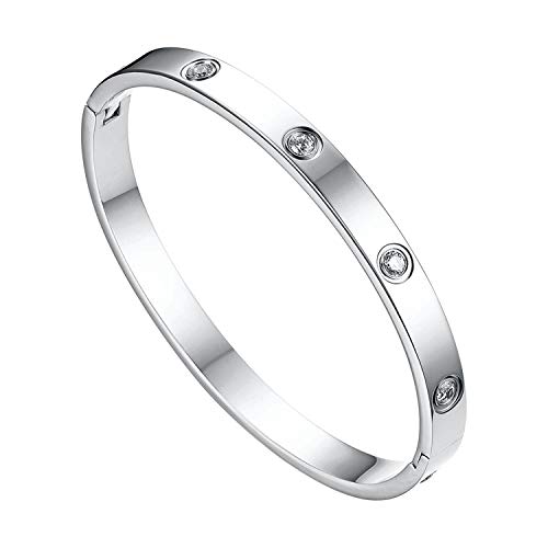 JewelryWe Schmuck Damen Armreif Edelstahl Zirkonia einfache Stil Liebe Armband 6mm breit mit Schließe größere Armspange Gravur Silber