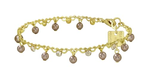 Konplott: Armband Pearl Shadow shinny brass, moderne Herzchen-Gliederarmband mit Kristallen und kleinen Perlen, für Damen/Frauen (beige)