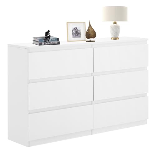 Sweetcrispy Kommode, Weißes Sideboard mit 6 Schubladen, 120×30×75cm, Viel Stauraum für Wohnzimmer, Flur & Schlafzimmer, Moderner Kommodenschrank