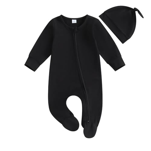 Neugeborenen Baby Jungen Mädchen Footie Strampler Solide Zipper Overall Baby Home Wear Outfit Mit Hut Baby Kleidung Junge Schwarz (Black, 3-6 Months)