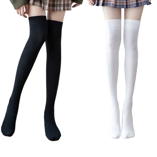 KEYRI 2 Paar Kniestrümpfe Overknees, Lange Wadenstrümpfe Strick Socken, Gestapelte Hohe Socken Damen, Einheitsgröße Freizeitsocken für Kurze Röcke (Baumwolle, Schwarz+Weiß)