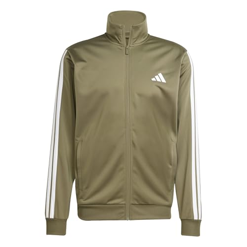 adidas Herren SPORTSWEAR BASIC 3 STRIPES TRICOT TRACKSUIT, olive strata/white, XL
