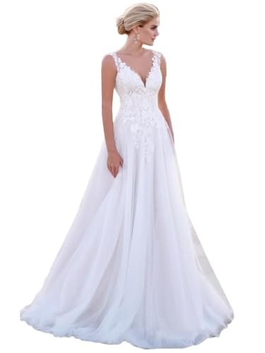 JAEDEN Damen Spitze Brautkleider Lang Hochzeitskleider Boho Standesamtkleider Brautmode Weiß 46