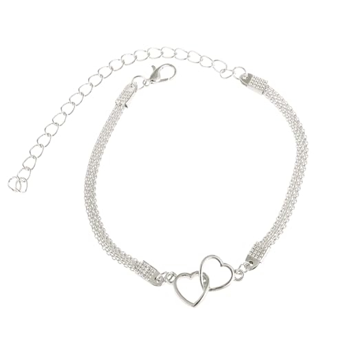 Doppelherz Fussketten Für Frauen,Modisch Fusskettchen Damen,Summer Beach Style,Frauen Fuß Zubehör,Wasserdichte Fußkettchen,Geeignet Für Ein Mädchen Geburtstag Geschenk Party Urlaub Geschenk (Silber)