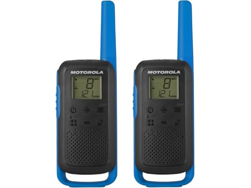 Motorola Solutions - T62 PMR Blau, Walkie Talkie Talkabout, PMR446 CB-Funkgerät, 16 Kanäle und 121 Codes, 8 km Reichweite, Blau, lizenzfrei, LCD-Display, USB Laden