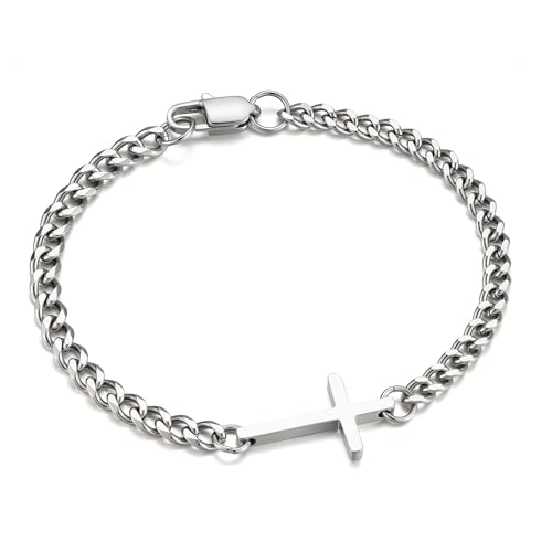 TINGN Armband Herren 316L Edelstahl Armbänder für Herren Silber Cuban Kette mit Kreuz Armband Geschenke für Papa Freund Ehemann Sohn 7.5 Zoll
