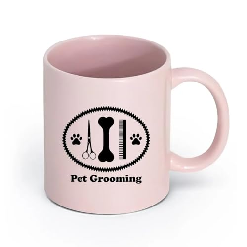 LAYEHDF Keramik Tassen mit komfortablem Henkel Tierpflege Tiershop Schere Kamm Knochen （11oz/320ml） Büro, Zuhause, Café, Spülmaschinen- & Mikrowellengeeignet Rosa