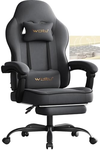 WOLTU Gaming Stuhl Stoff mit Bequemlichkeit Federunterlage, Kühl im Sommer, Gamer Chair Sessel Hohe Belastbarkeit ergonomischer mit Kopfkissen, Lendenkissen, Fußstütze, Tech-Stoff, Grau, GS10gr