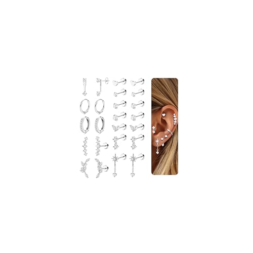 Adramata 12 Paar Ohrringe Gold Set Hypoallergen Chirurgenstahl Ohrringe für Damen Klein Ohrring Creolen Flatback Medizinische Ohrstecker Set Gold Silber Knorpel Conch Tragus Helix Piercing
