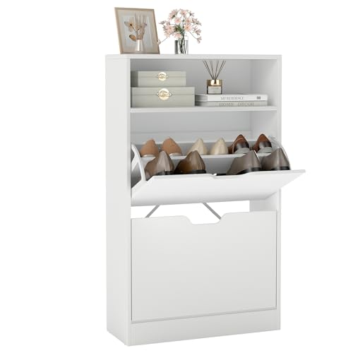 VASAGLE Schuhschrank 2 Klappen, Schuhkipper, Schuhregal, Schuhaufbewahrung, offenes Fach, Trennwand verstellbar, für 8-12 Paar Schuhe, Flur, 24 x 60 x 102 cm, wolkenweiß LBC040W01