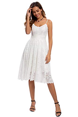 Atnlewhi Damen Vintage V-Ausschnitt A-Linie Kleid Blumen Knielang Spaghetti Spitzenkleid Brautjungfernkleid Elegante Cocktailkleider - Weiß - M