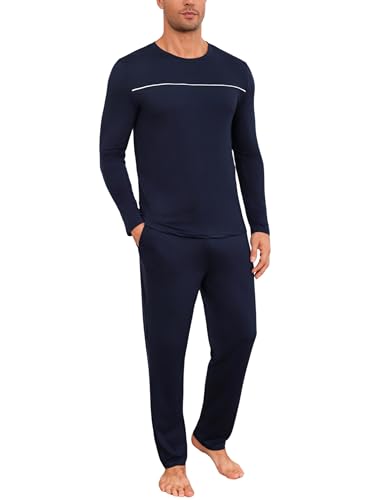 Marvmys Herren Schlafanzug Lang Winter Baumwolle Pyjama Set Rundhals Taschen Verstellbarer Bund Bequeme Nachtwäsche
