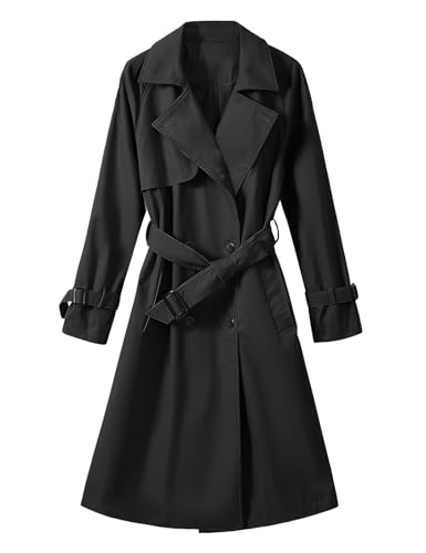 Tuopuda Damen Trenchcoat Lange Zweireiher Übergangsjacke Baumwolle mit Gürtel Jacke Übergang Mantel Klassische Damenmantel Herbst Frühling Winter, Schwarz, M