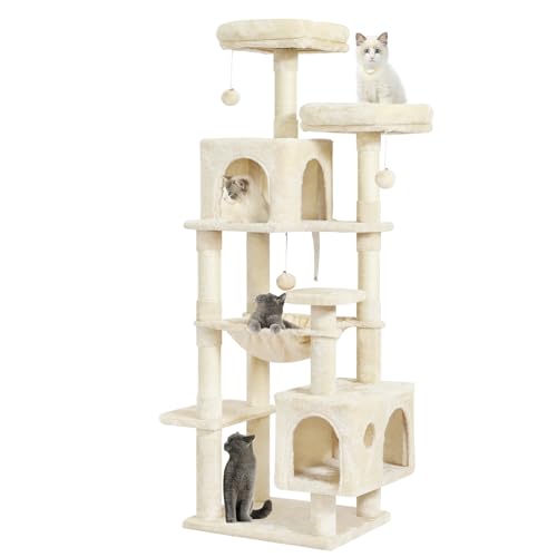 MSmask Kratzbaum groß, L Katzenbaum Stabil, Katzenkratzbaum mit 2 Plattformen, 2 Katzenhöhlen, Hängematte, Sisalsäulen, mehrstöckiger Kletterbaum für Katzen (Beige, 160 cm)