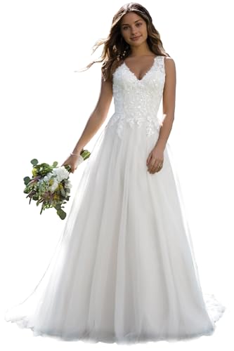 JAEDEN Damen Brautkleider V-Ausschnitt Braut Standesamtkleider Lang Tüll Hochzeitskleider A-Linie Weiß 38