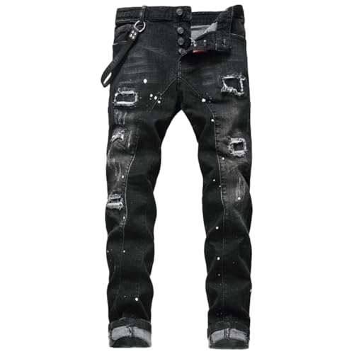 M&Catree Herren Jeans, Y2K Slim Fit Stretch Hosen Zerrissene Destroyed Jeanshose Hip Hop Cowboy Style Straight Fit Streetwear - Schwarz, 31