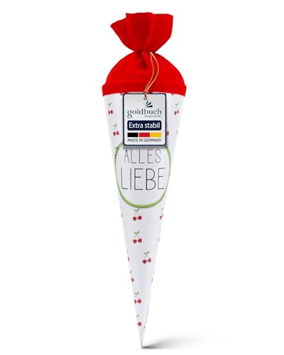 goldbuch 93 212 Geschwistertüte Alles Liebe, Schultüte mit Kirschenmuster, Lackkarton, Geschenkverpackung, roter Filzverschluss (ohne Verschlussband), Zuckertüte rund, Länge 35 cm, Ø 11,5 cm, Weiß