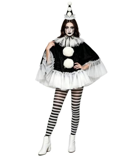 Acrawnni Damen Clown Kostüm Schwarz Weiß Mesh Umhang Halloween Clown Cosplay Set (A-Schwarz, Einheitsgröße)