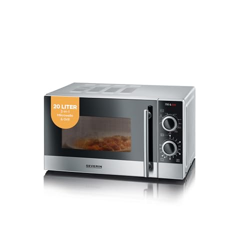Severin 2-in-1 Mikrowelle mit Grill, 700 W, Grillofen mit 9 Automatikprogrammen, 20L, Mikrowelle mit Grillrost und Drehteller, silber-schwarz/Edelstahl, MW 7874