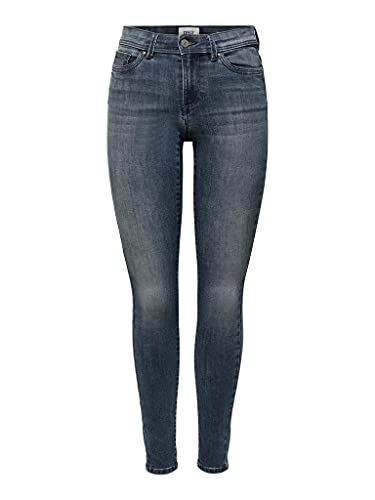 ONLY Damen Skinny Fit Jeans | Normal Waist Denim Stretch Hose | Bleached Used Design ONLWAUW, Farben:Dunkelblau, Größe:S / 30L