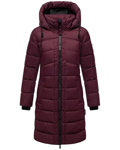 MARIKOO Damen Langer Wintermantel warmer Steppmantel mit abnehmbarer Kapuze Kaltnäschen 16 Wine Gr. S
