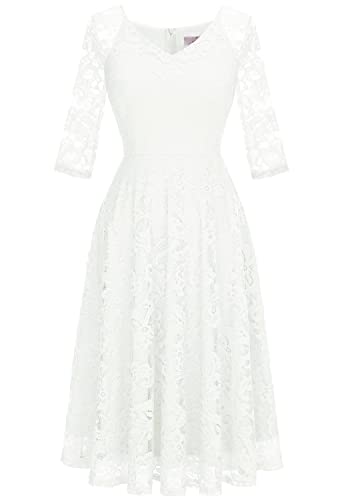 Dressystar Damen Abendkleider Elegant für Hochzeit Cocktailkleid Lang Ärmel Standesamtkleid Weiß XXL