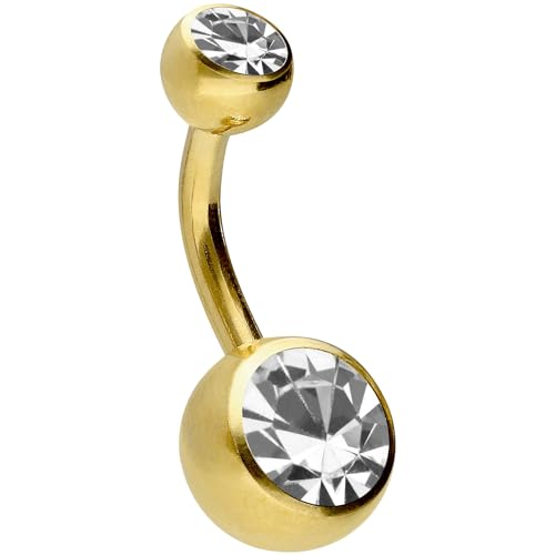PIERCINGLINE Bauchnabelpiercing Chirurgenstahl 2 Kristalle Bananabell Piercing Goldfarben Kristallklar 8 mm