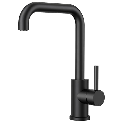 FORIOUS Wasserhahn Küche Schwarz, Küchenarmatur mit 360°Drehbar, L Förmige Mischbatterie Küche Spülenarmatur mit Einhebel für 1 Loch