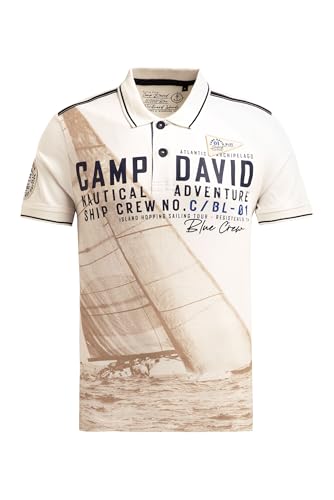 Camp David Herren Kurzarmpolo mit Logo- und Photoprint Ecru, XL