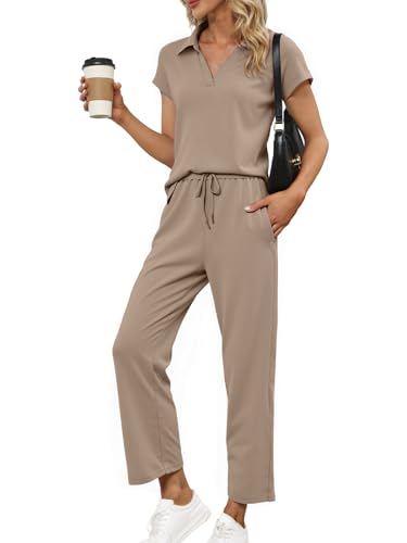 Glamaker 2-teiliges Sommer-Outfit für Damen, Lounge-Set, Flügelärmel, Poloshirt und Hose, Trainingsanzug, Reiseanzug, passendes Outfit 2025, Kaffeegrau, M