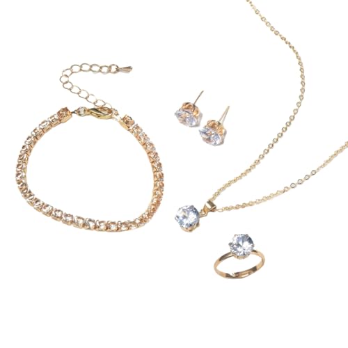 Auriselle Damen Schmuck Set Strassstein Ohrringe Halskette Armband Ring Klassisch 4 Stück Frauen Schmuck mit Cubic Zirkonia Hochzeit Geschenke für Ladies, Gold